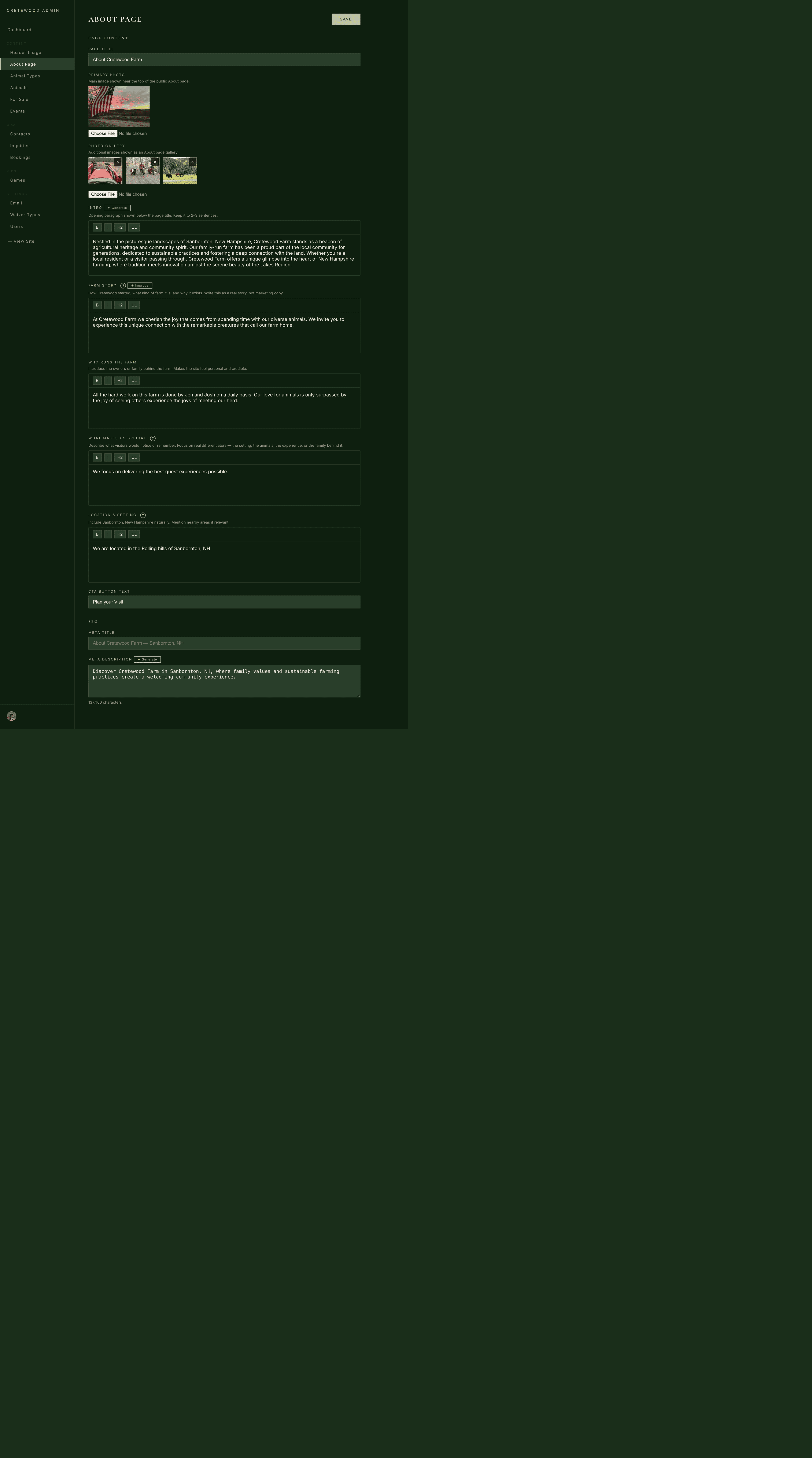 Cretewood about page editor