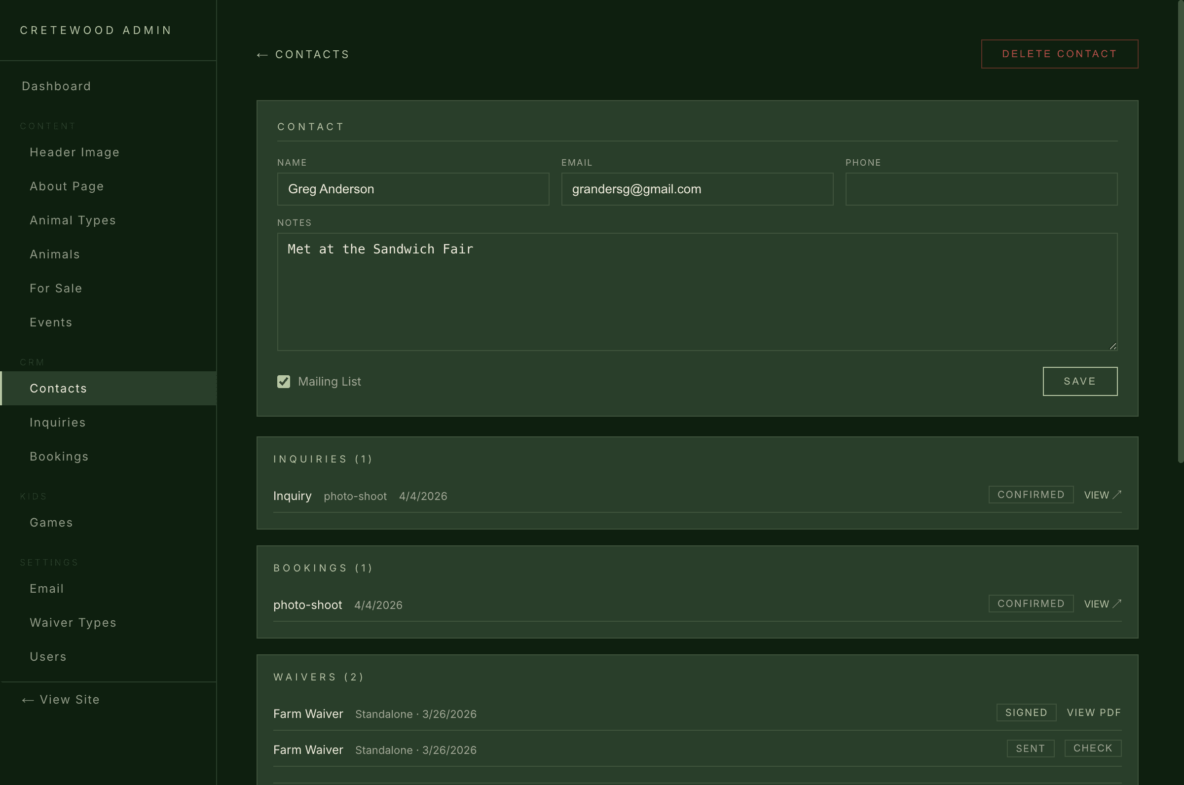 Cretewood contact detail record