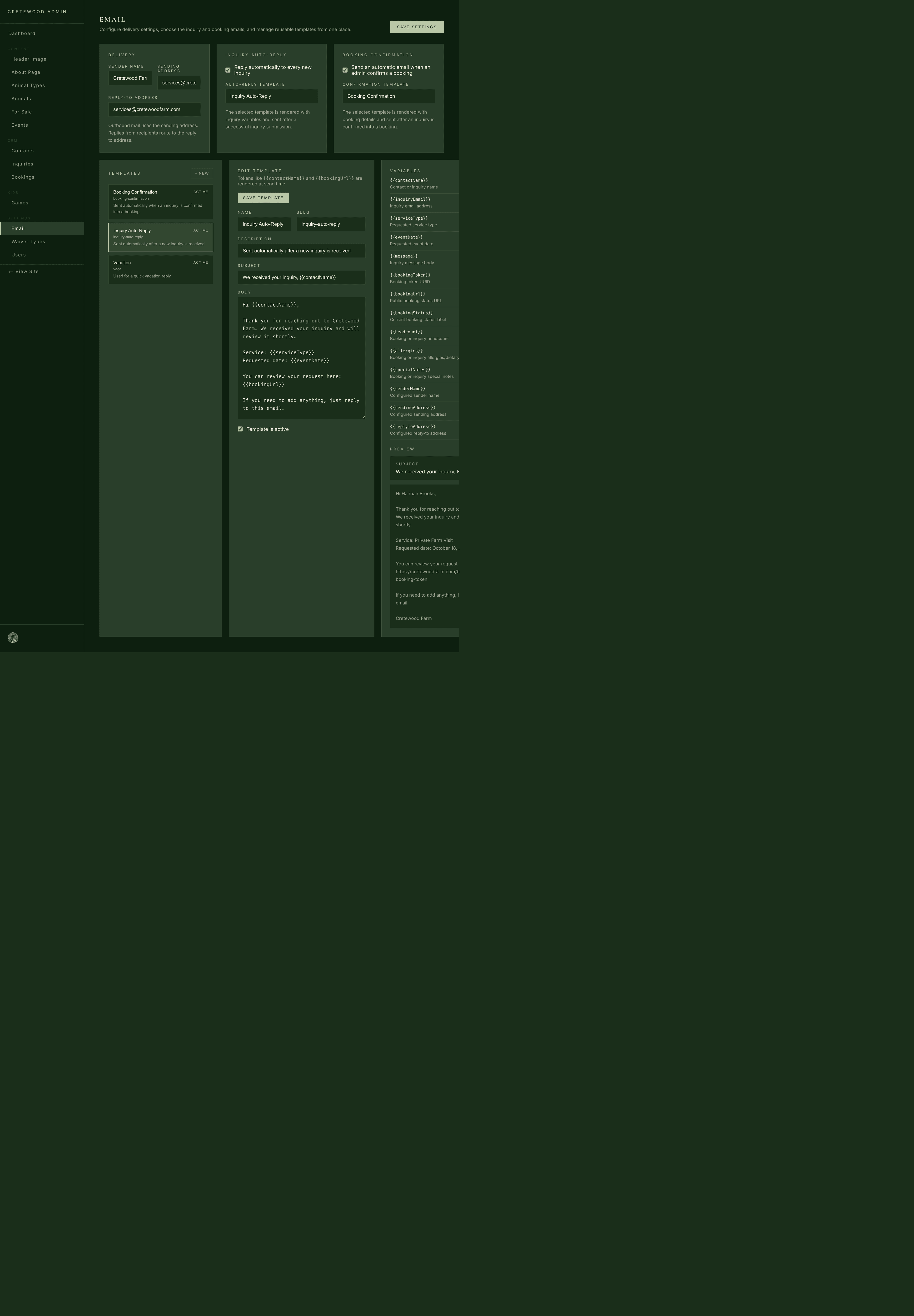 Cretewood email settings and templates